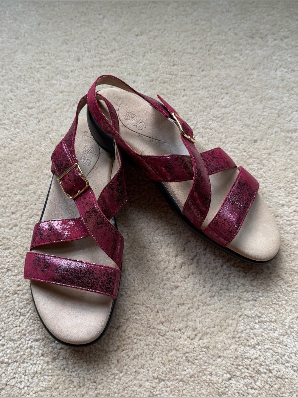 SAS Womenโs Laguna Cross Strap Red Glitter Leather Sandals - Size 9.5M - VGUC